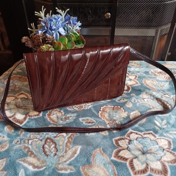 Vintage Genuine EEL Skin Leather Redish/Brown Clutch Purse W/Removable Strap 10" - Picture 2 of 16